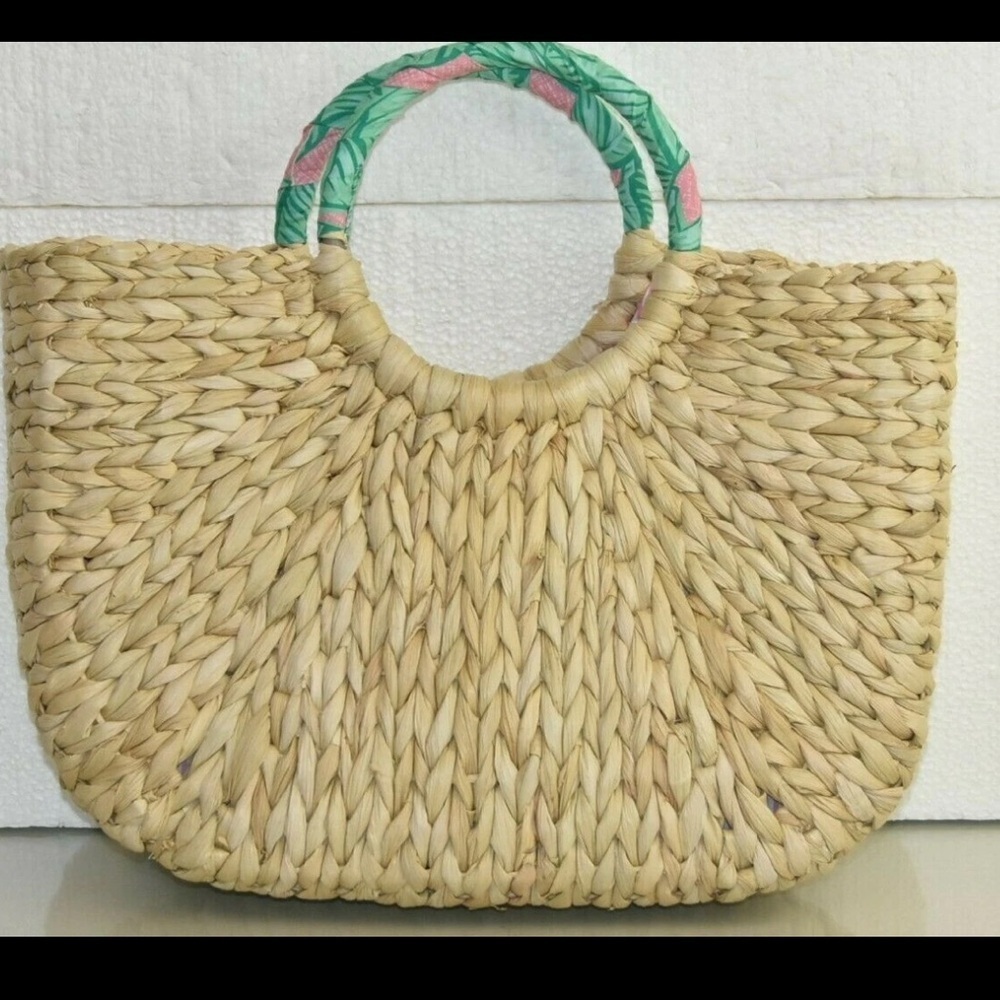 Vineyard Vines Banana Leaf Wrapped Handle Straw Tote Bag Hibiscus